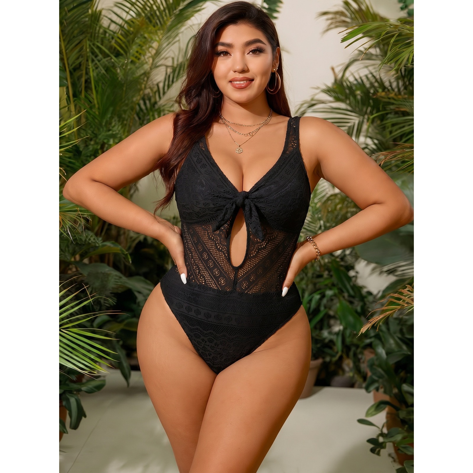 Becca By Rebecca Virtue Black Crochet Lace Tie Front One Piece Swimsuit M Resort